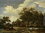 Meindert Hobbema A wooded landscape with a figure crossing a bridge over a stream painting